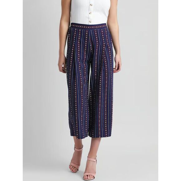 Zink London Womens Wide Leg Pants Medium Blue Red Boho Western‎ American Cropped - Picture 1 of 12